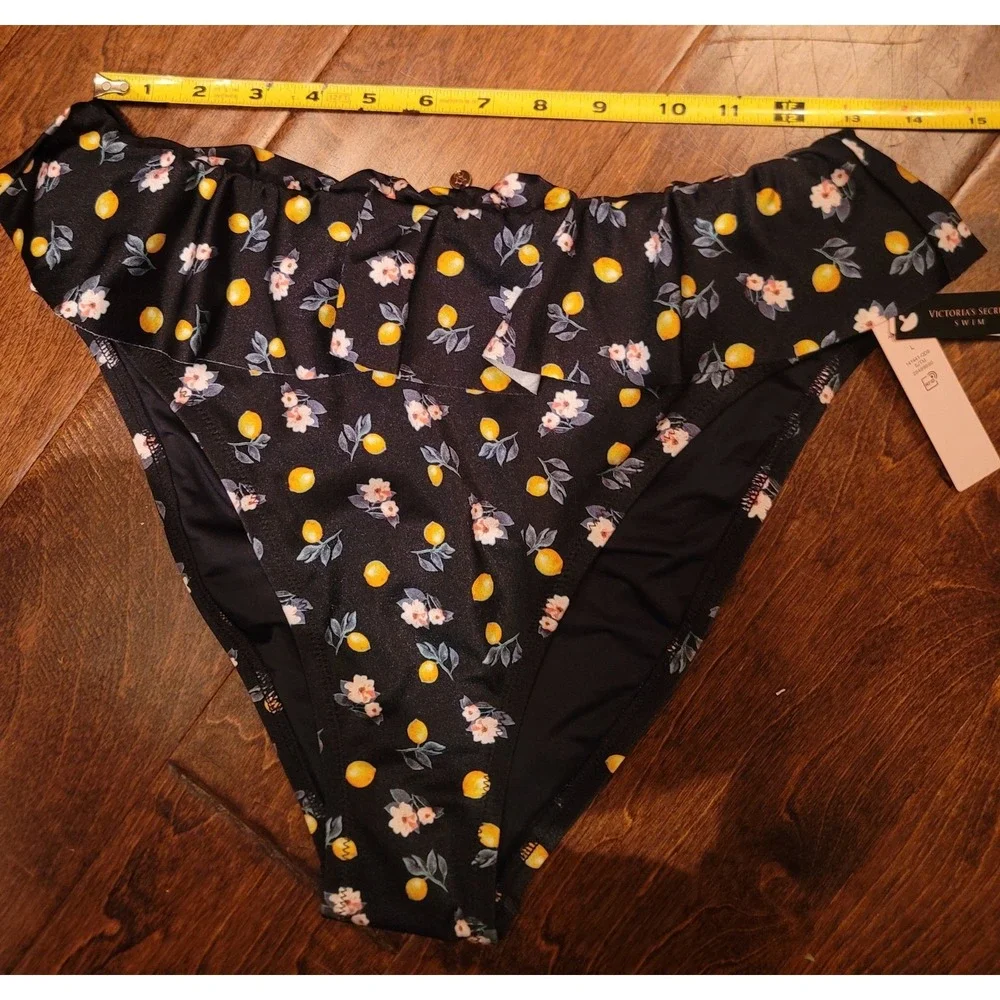 Victoria's Secret Bikini Bottoms Large Ruffles Black Floral/Lemon - Picture 7 of 7